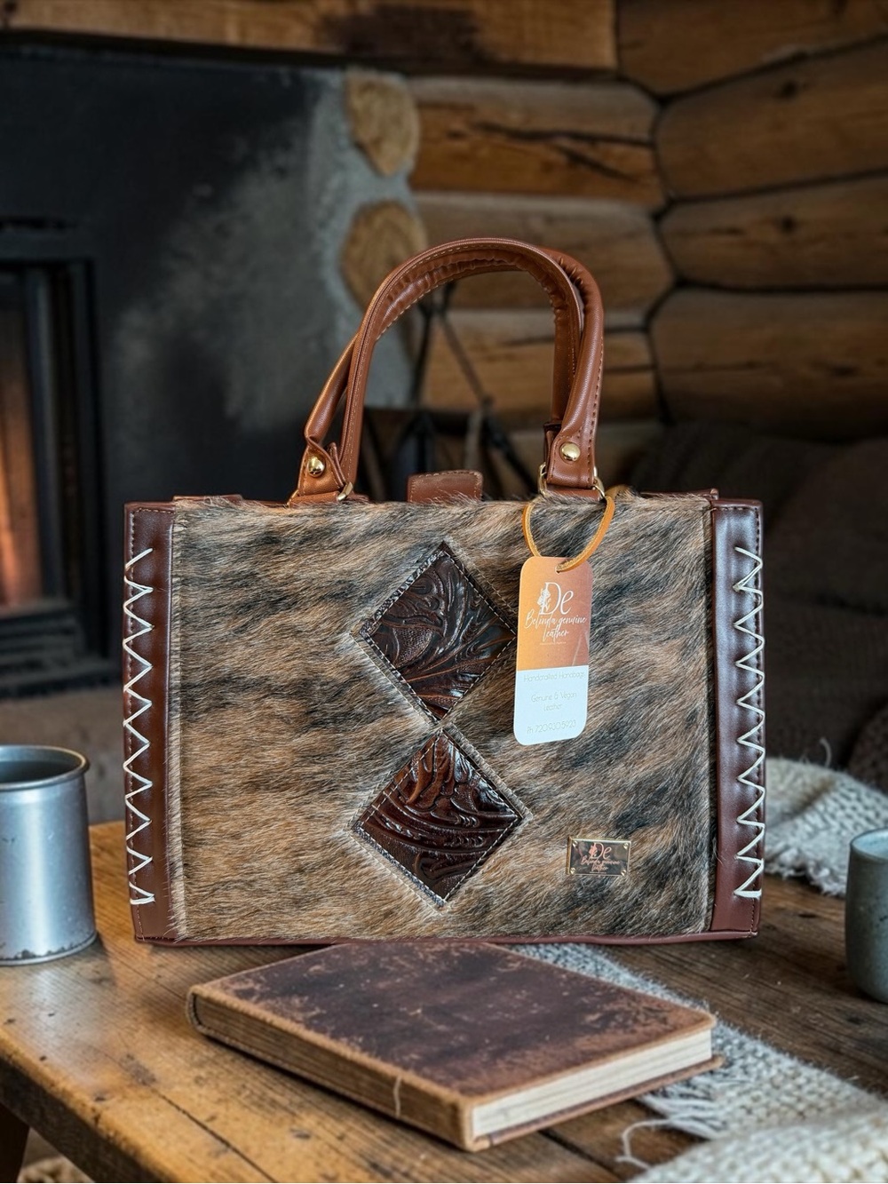 Brown Hair-on-Hide Leather Briefcase Tote